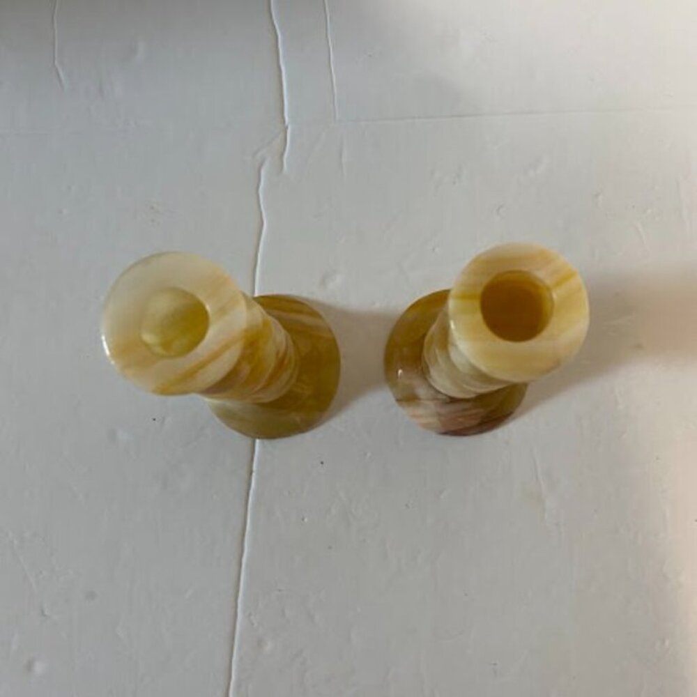 Vintage Banded Onyx Marble Candlestick Holders Set of 2 - 6” Tall - Picture 3 of 8